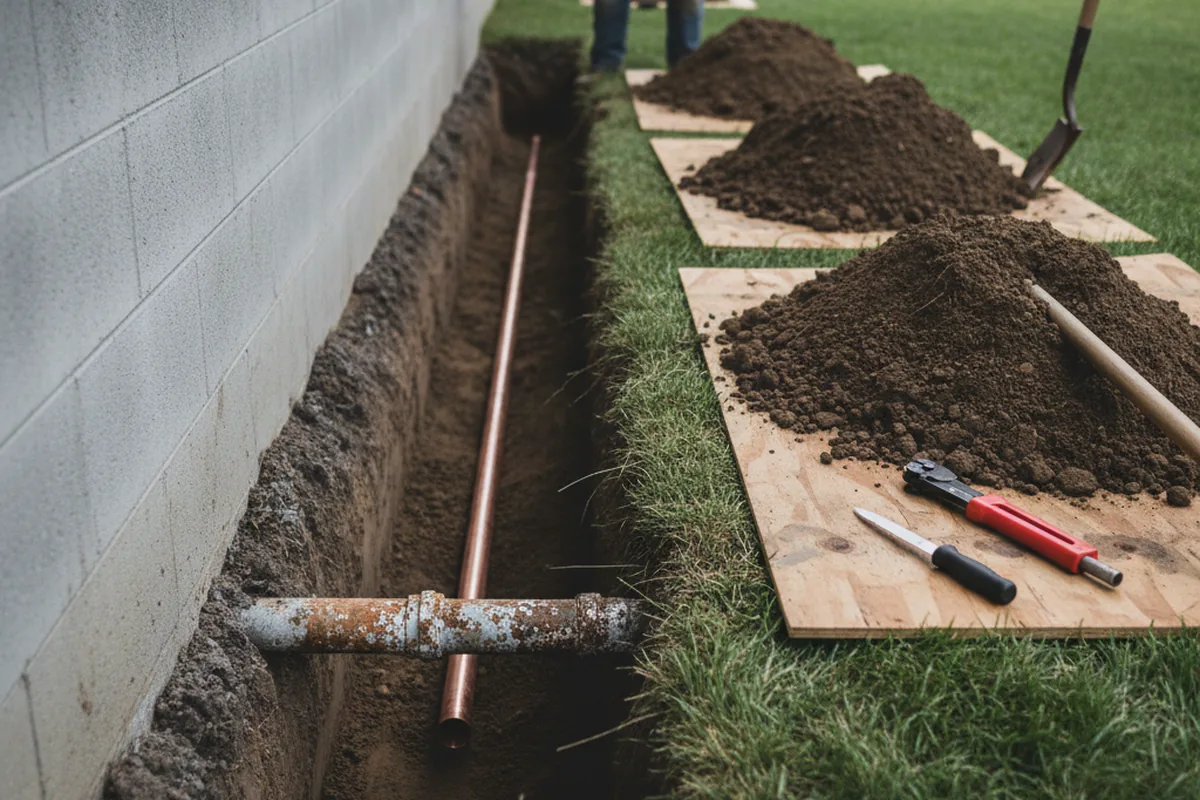 Excavated water line trench during Sewer Line Repair in Toluca